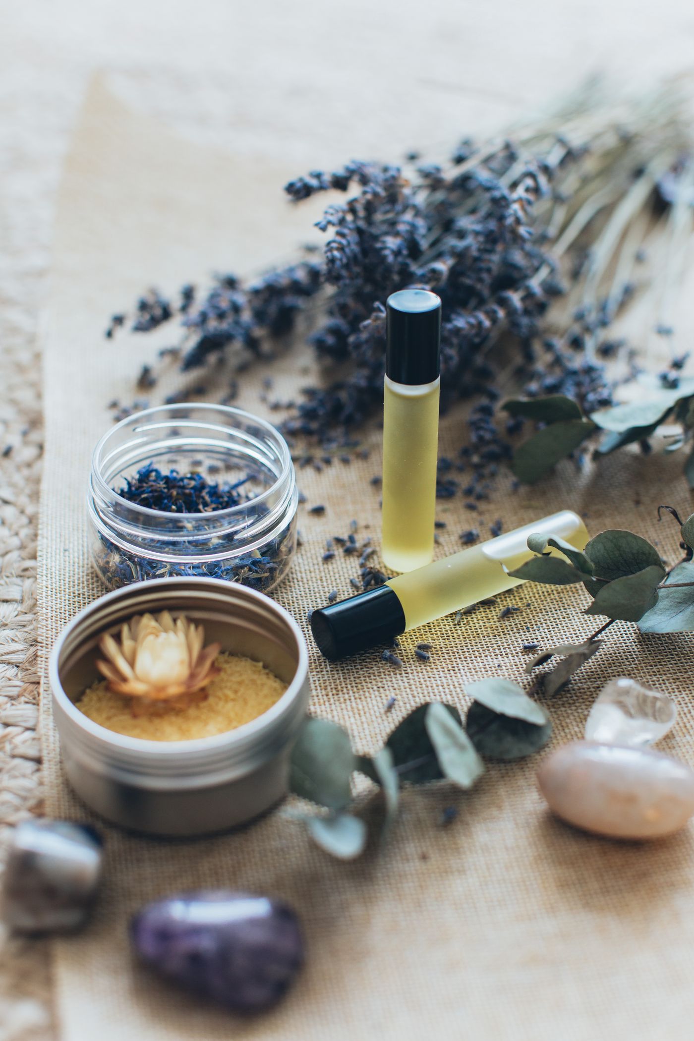 Lavender and massage oils on a stone tray